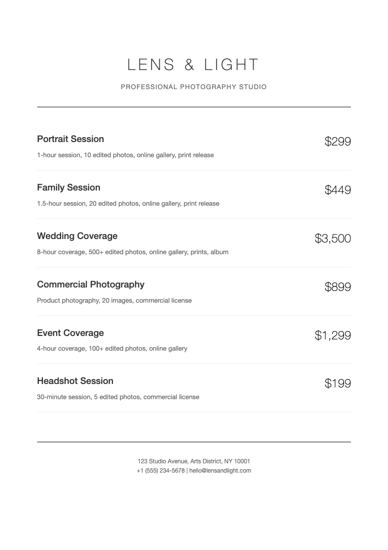 photography studio price list Template